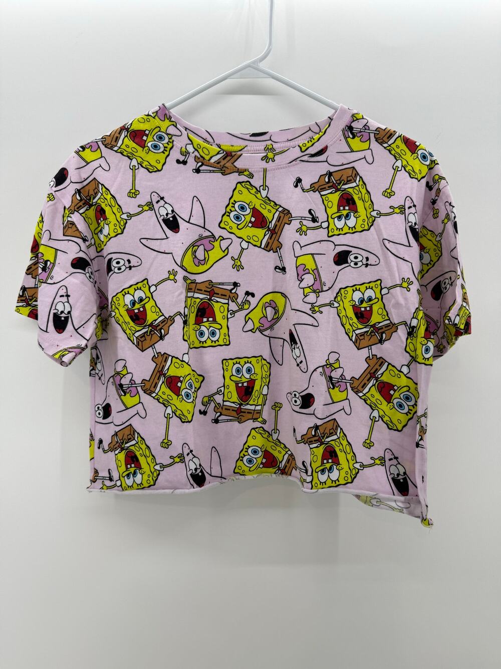 Spongebob Squarepants Crop Top Women’s L Pink T-Shirt Allover Print Boxy Fit